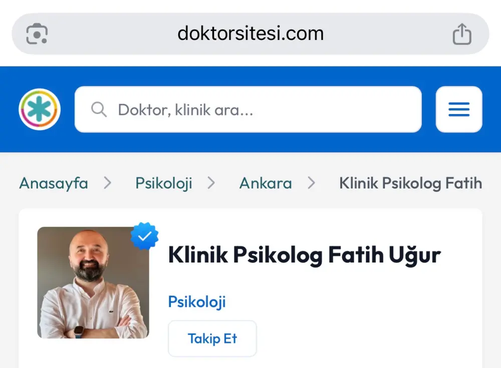 doktorsitesi.com üzerinde Klinik Psikolog Fatih Uğur profil sayfası ekran görüntüsü
